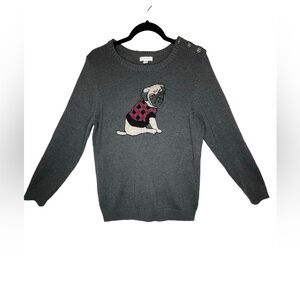 Charter Club Gray French Bull Dog Knit Sweater Button Shoulder Womens Size Med
